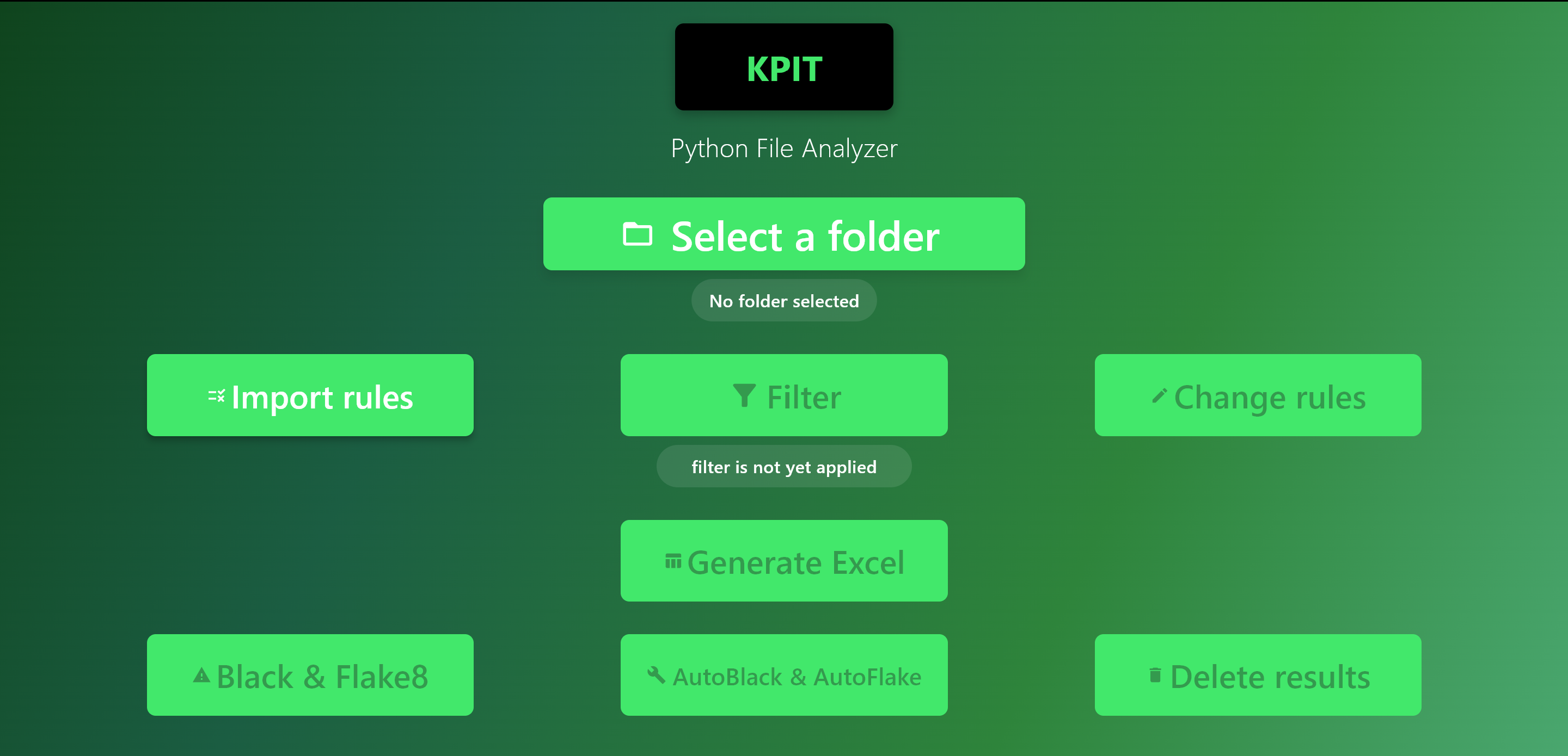 KPIT Python File Analyzer desktop interface showing options to select folder, import rules, filter, generate excel, auto black & autoflake, and delete results