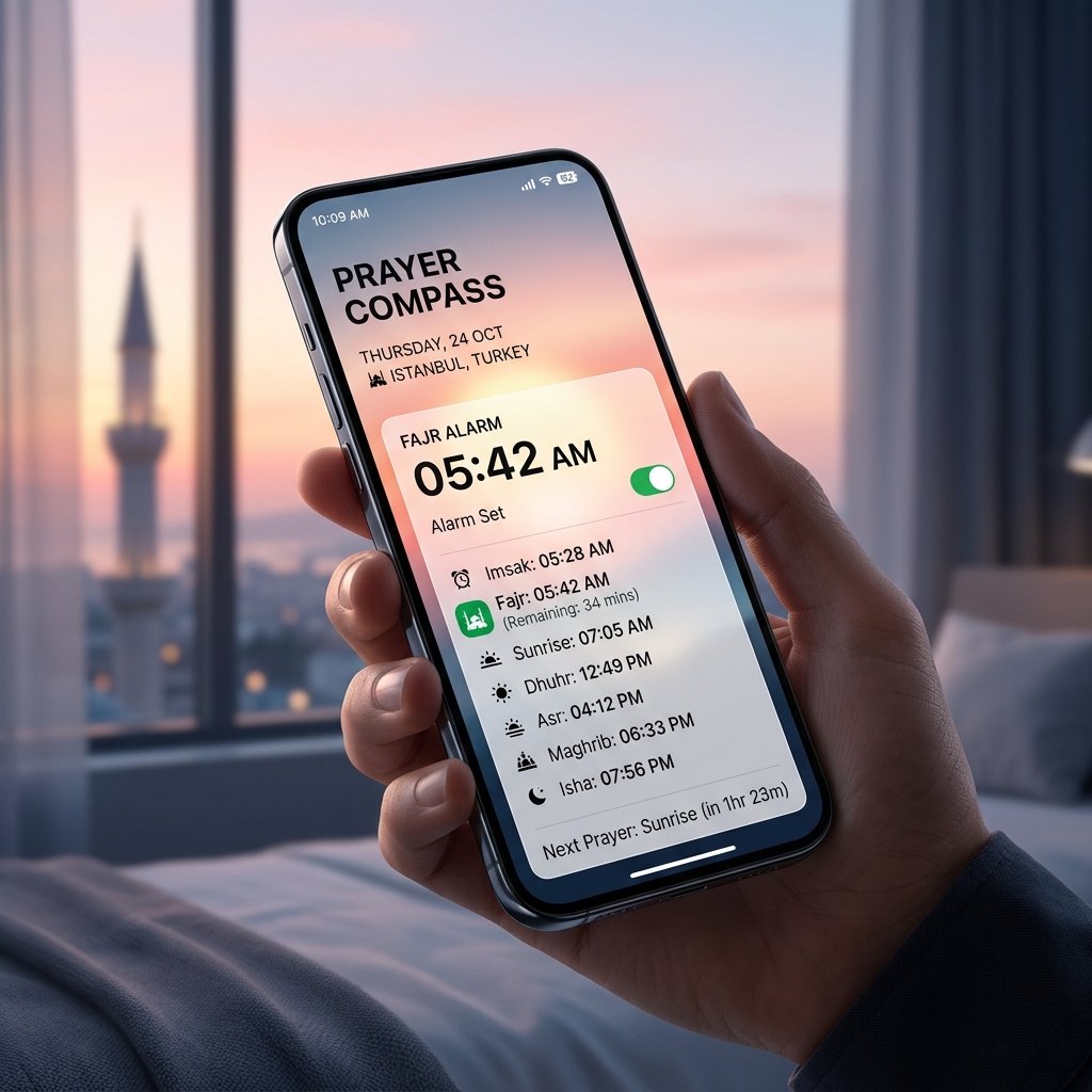 minimalist modern mobile app interface showing Islamic prayer times and a dawn Fajr alarm
