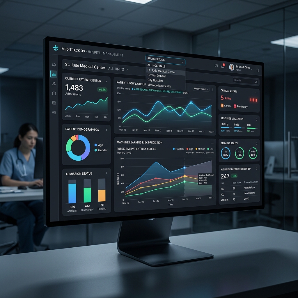 professional dark-themed modern web application dashboard for hospital management showing patient statistics and ML risk prediction