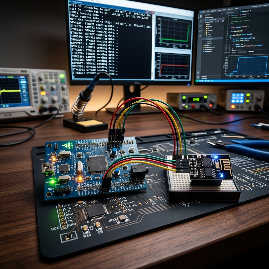 high quality macro photograph of an STM32 microcontroller wired to an ESP8266 wifi module