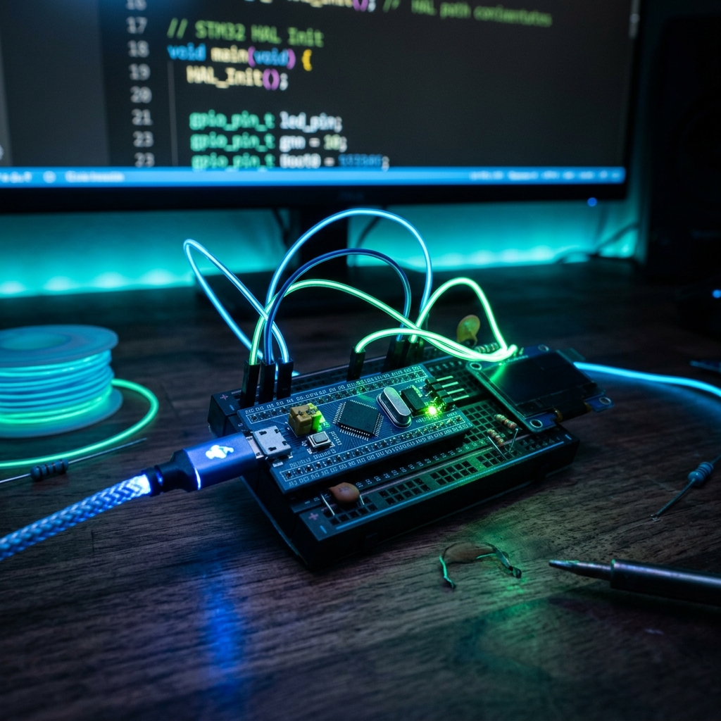 high aesthetic photograph of an STM32 Blue Pill microcontroller connected with wires on a dark tech background
