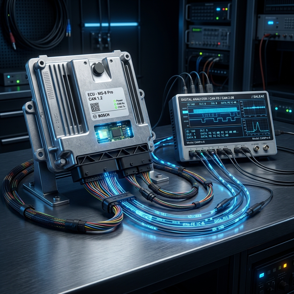 high aesthetic technical photograph or 3d render of an automotive engine control unit (ECU) connected to a CAN bus analyzer or logic analyzer, glowing blue lines representing data transfer, dark tech background